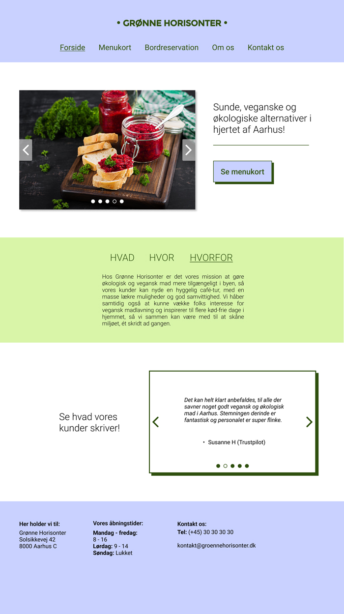 Figma-mockup af forsiden på en hjemmeside, lavet til en fiktiv café, som hedder Grønne Horisonter.